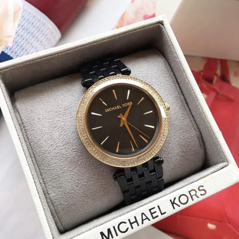 Michael Kors Darci Black ion Plated Gold Bezel Ladies Watch- MK3322